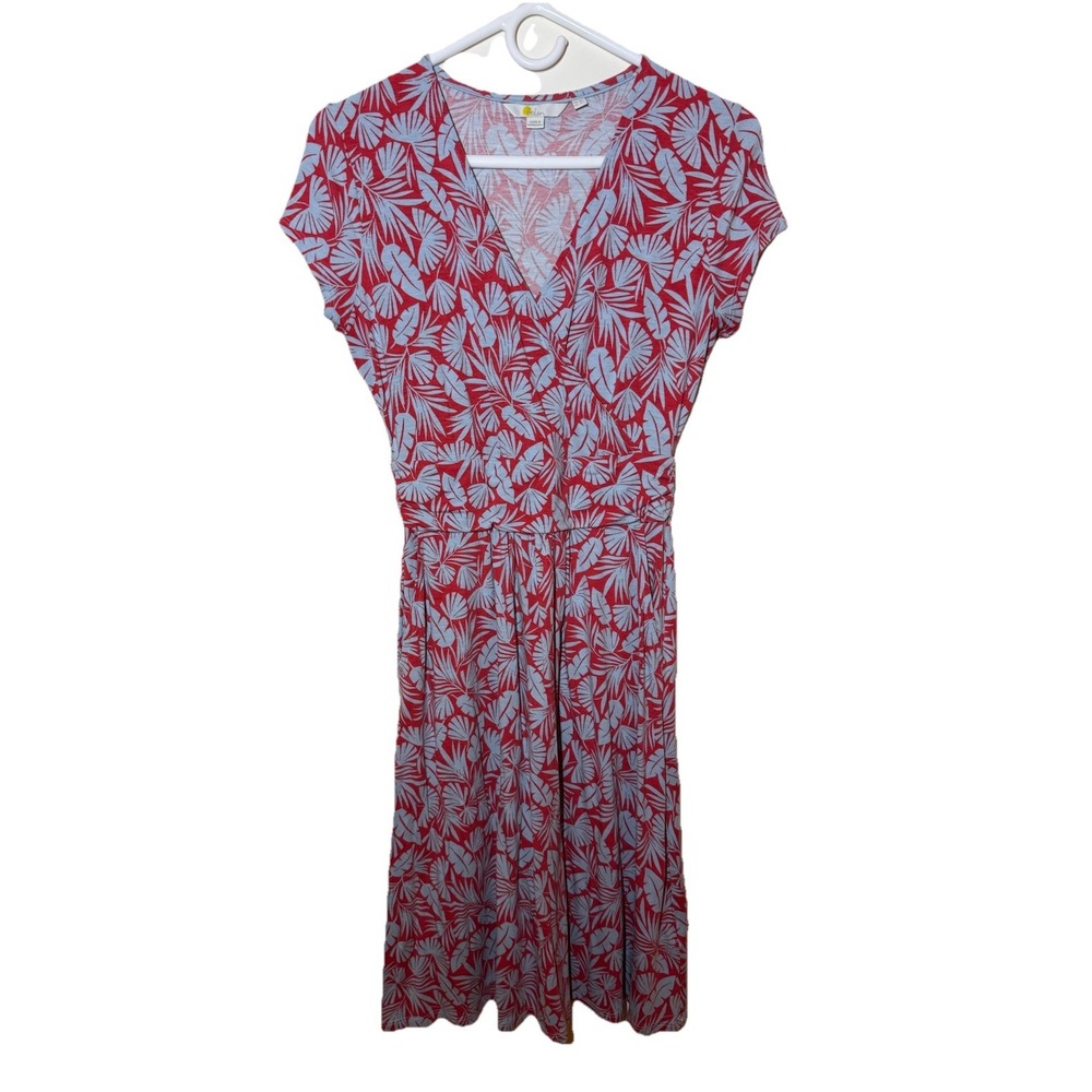 Anthropologie Faux Wrap Dress Neck 4R Leaves Stretch Pockets Red Gray